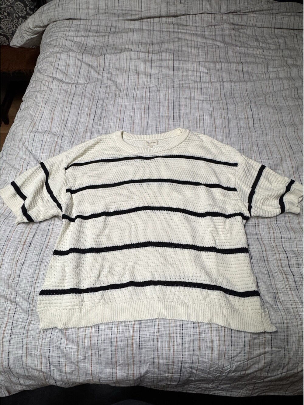 Thread & Supply Cream & Black Stripe Short Sleeve Open Knit Sweater T Shirt 1X